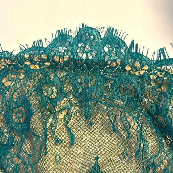 Bra & Panties Set NEW Eyelash Lace Overlay Teal Green Over Nude Mesh Luxurious - Picture 12 of 17
